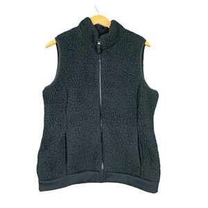 Time and Tru Black Sherpa Vest Women Size L 12/14 Mock Neck Zip Up Cozy Warm